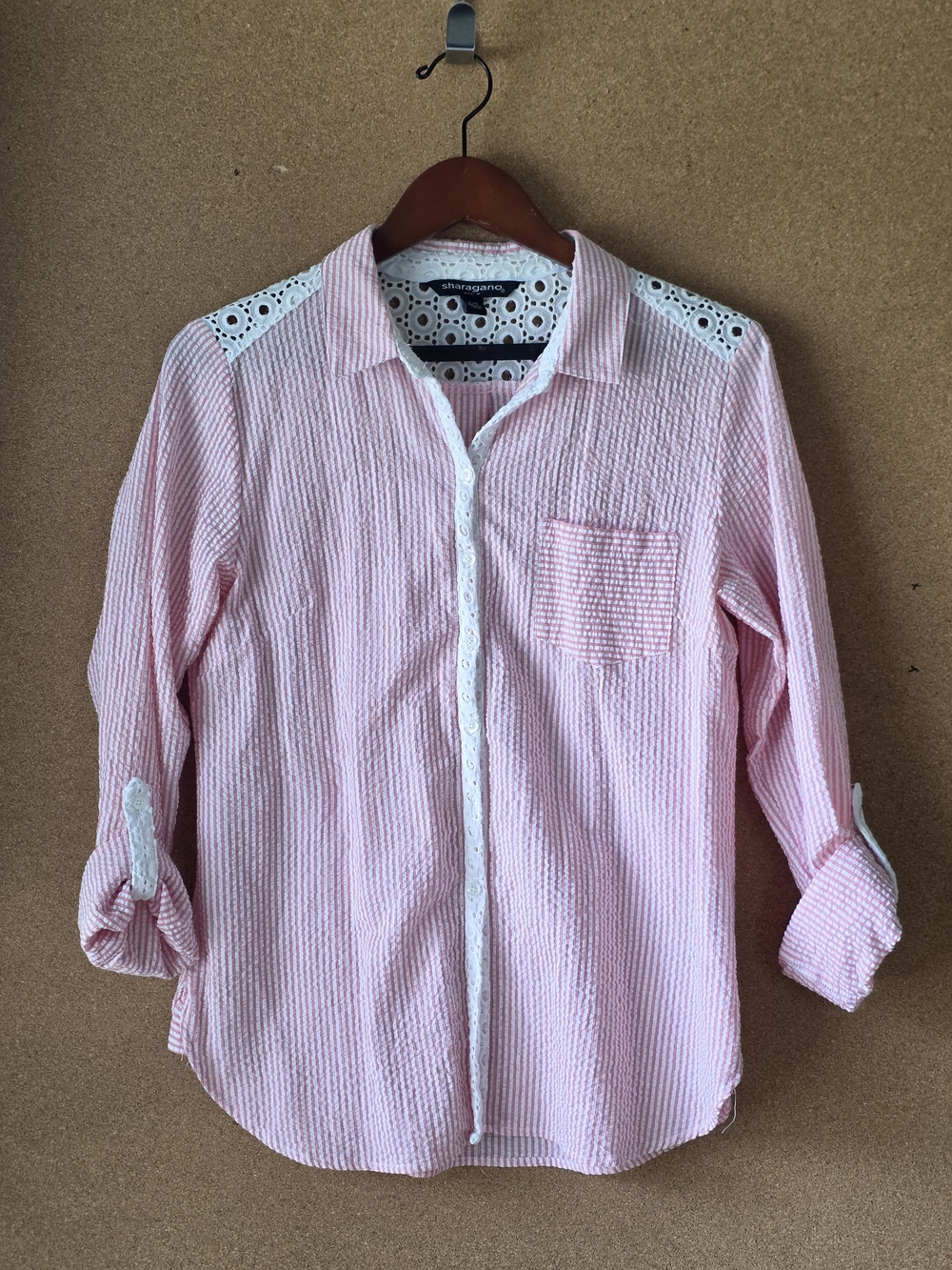 Sharagano Pink Textured Stripe Lace Trim Cotton Button Front Top L